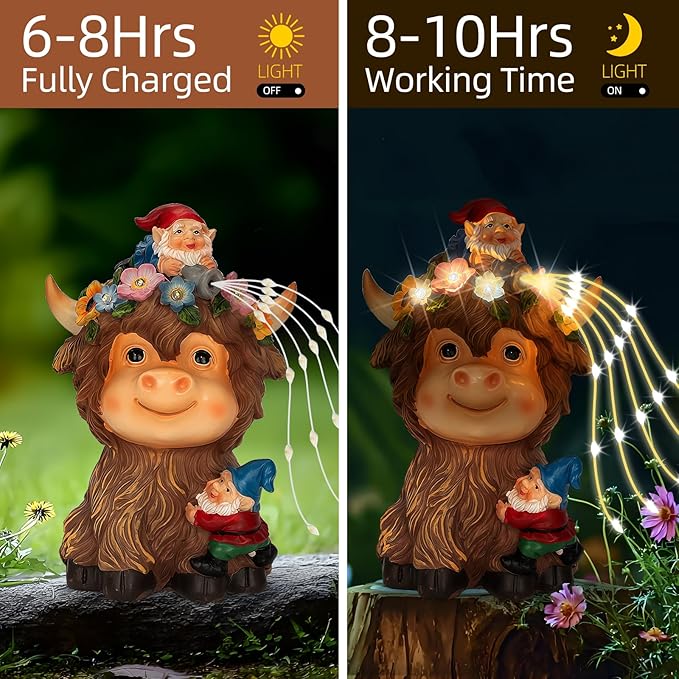 Solar Highland Cow Outdoor Statues for Garden: Outside Decor with Funny Gnomes Clearance for Yard Art Lawn Ornaments Porch Patio Balcony Home House - Birthday Gifts for Grandma Mom Women(Cow Gnome)-Ruum Studio Home