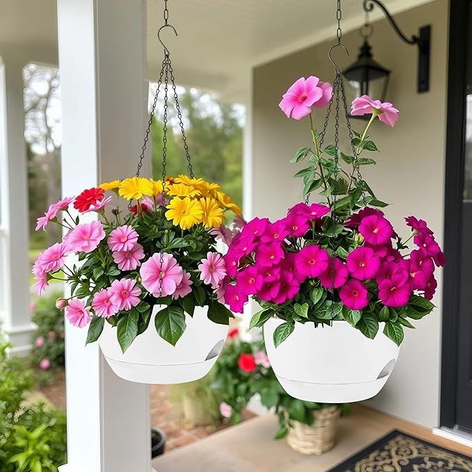 2 Pack Hanging Planters for Indoor Outdoor Plants, 8 Inch Self Watering Hanging Pot with Drainage Holes and Saucer, Plastic Plant Pots, White Flower Pots for Kitchen, Balcony, Garden-Ruum Studio Home