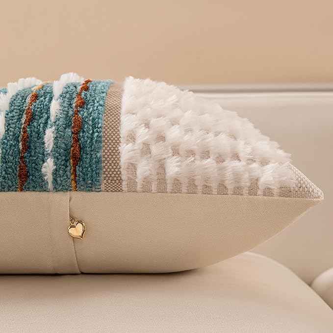 Boho Chenille Tufted Couch Throw Pillow Covers 18x18 Inch Set of 2 Farmhouse Striped Decorative Pillow Covers Accent Neutral Pillowcase Teal Cushion Cover for Living Room Sofa Bed-Ruum Studio Home