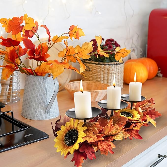 3 Pillar Black Metal Candle Holders for Table Centerpiece, Fall Thanksgiving & Halloween Dining Table, Fireplace Mantel Decor, Tray Candlestick for Living Room Rustic Decorations-Ruum Studio Home