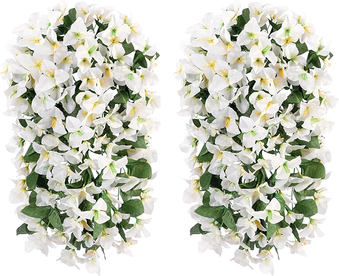 Faux Bougainvillea Artificial Flowers Plants for Outdoors Outside Decoration, 2 PCS White Fake Flowers UV Resistant Look Real Silk Long Trailing Vines for Front Door Porch Planter Patio Garden Yard-Ruum Studio Home