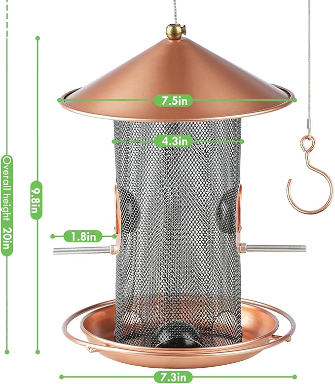 Bird Feeder for Outdoor, Metal Wild Bird Feeder Hanging Outside, 7.5" Copper Roof and 360 Degree Feeding Tray with 2 Extra Feeding Ports, 3 Lbs Bird Seeds Capacity-Ruum Studio Home
