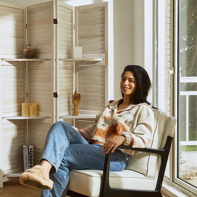Room Divider with Shelves, 5.6 Ft Tall Folding Wood Screen with Double Hinges for Home Office Bedroom Hotel Decoration (4 Panels, White-Washed)-Ruum Studio Home