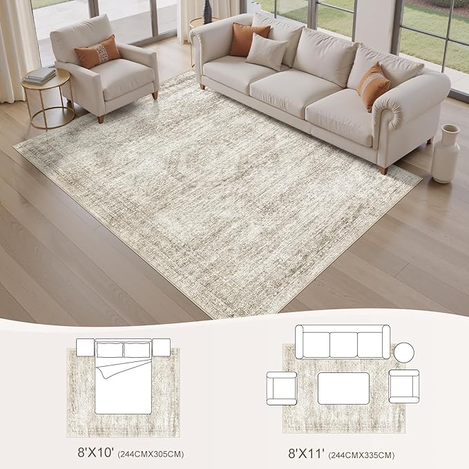 Washable Area Rugs for Living Room -8x10 Neutral Vintage Distressed Floral Farmhouse Boho Large Soft Floor Rug Indoor Non Slip Carpet for Living Room Bedroom Dining Room Office-Beige-Ruum Studio Home
