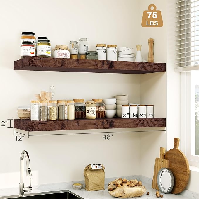 Heimlove Rustic Brown Bathroom Shelves Floating Shelves for Wall Shelf Over Toilet Long Wall Mounted Modern Farmhouse,48 x 12 Shelves with Invisible Brackets for Living Room, Kitchen, Bedroom-Ruum Studio Home