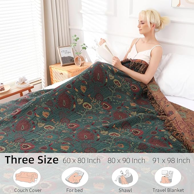 Boho Throw Blanket for Bed - 100% Pure Cotton Ultra Soft Rustic Quilt - Farmhouse Decor Bed Blankets, All Season Rustic Throw for Sofa Couch Chair(80''x 90'', Floral)-Ruum Studio Home