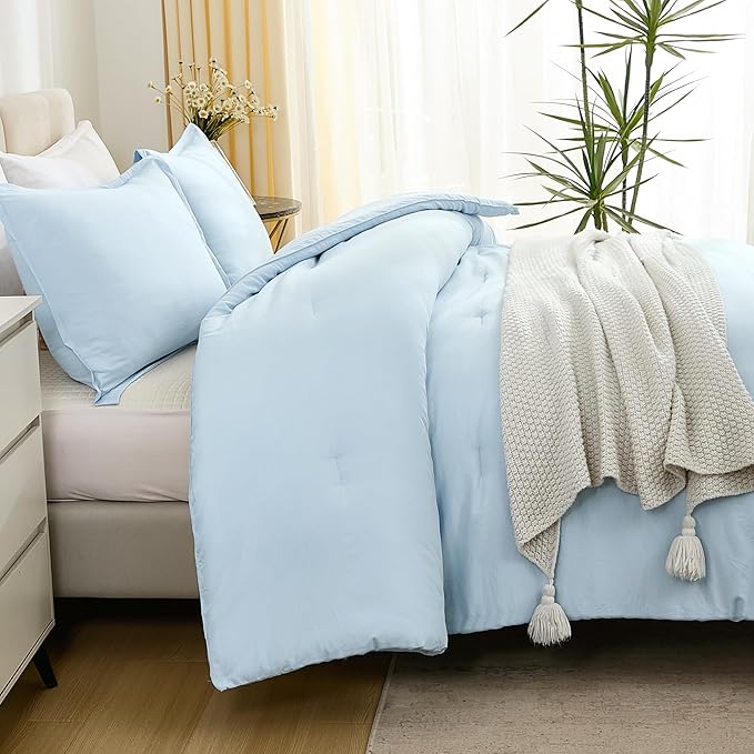 Litanika Comforters Light Blue Queen Size, 3 Pieces Lightweight Solid Bedding Comforter Set, All Season Fluffy Bed Set (90x90In Comforter & 2 Pillowcases)-Ruum Studio Home