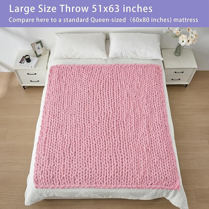 Bigacogo Chunky Knit Throw Blanket for Couch, 51x63 inches, 100% Hand Knitted with Thick Jumbo Chenille Yarn, Cozy Soft Large Rope Knot Cable Crochet Blankets for Sofa Bed Living Room, Blush Pink-Ruum Studio Home