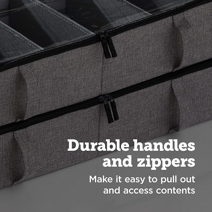 storageLAB Slim Under Bed Storage Containers, Closet Organizers with Sturdy Handles for Clothes, Comforters, and Accessories, Use Under or at the End of the Bed - 2 Pack, Adjustable Dividers, Grey-Ruum Studio Home