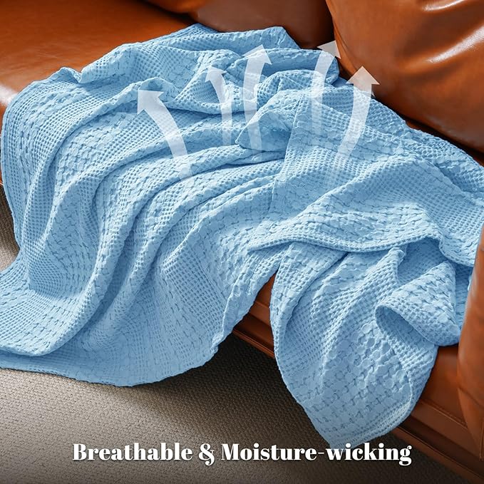 PHF 100% Cotton Waffle Weave Throw Blanket, Soft Lightweight Breathable Cozy Summer Throws for Couch Bed Sofa, Luxury Aesthetic Woven Blanket for Home Decor & Office, 50"x60", Sky Blue-Ruum Studio Home
