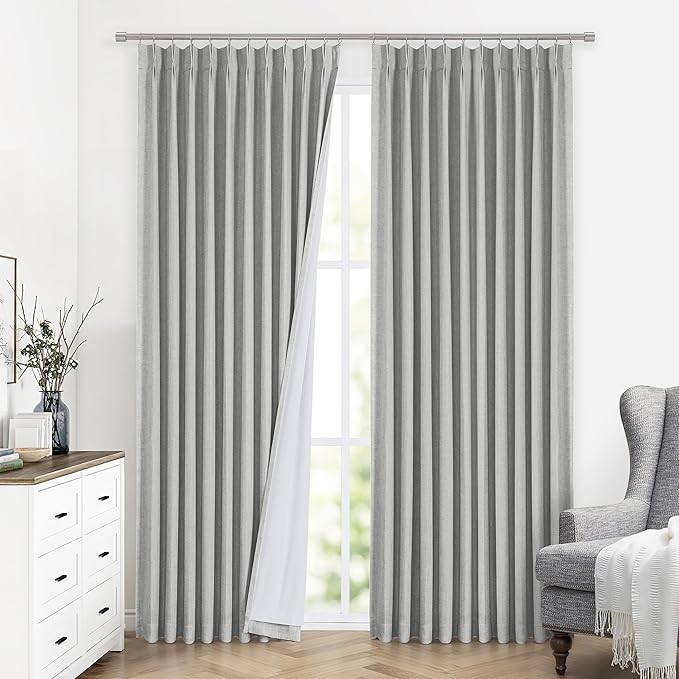 Vision Home Light Gray Pinch Pleated Full Blackout Curtains Linen Blended Thermal Insulated Window Panels 102 inch for Bedroom Living Room Darkening Grey Pleat Drapes with Hooks Back Tab 60"Wx102"Lx1-Ruum Studio Home