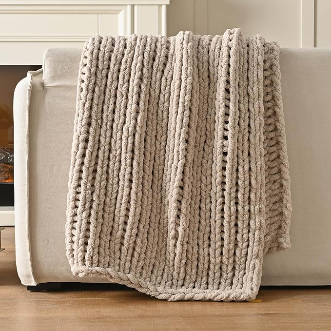 Esterra Chunky Knit Blanket Throw 50"x60", 100% Hand Knitted Chenille Throw Blanket, Cozy Soft Thick Cable Knit Throw Large Rope Knot Crochet Throw Blanket for Sofa Couch Bed, Linen Beige-Ruum Studio Home