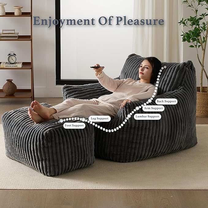 Oversized Bean Bag Chaise Lounge Chair Indoor for Adults with Armrests & Ottoman - Giant Comfy Gray Beanbag Floor Sofa Cloud Accent Chair for Reading, Gaming, Cozy Plush Cloud Mini Couch-Ruum Studio Home