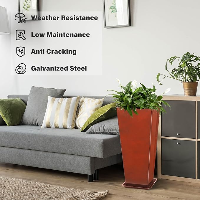 KOL 25''H. Galvanized Steel Planter with Saucer, Tall Glazed Planter Pots for Indoor & Outdoor Use, Set of 2, Decorative Flower Plant Pots with Drainage Hole for Porch, Patio, Deck - Reddish Brown-Ruum Studio Home