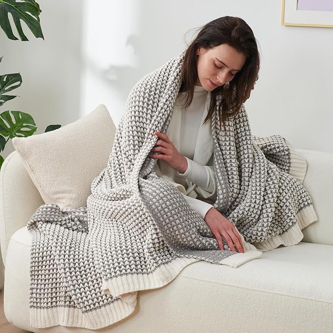 Amélie Home Chenille Waffle Throw Blanket for Couch, Reversible Pineapple Stitch Knit Soft Cozy Knit Blanket Lightweight Warm Decorative Throw for Sofa, Bed, Living Room, 50"x60", Grey&Ivory-Ruum Studio Home