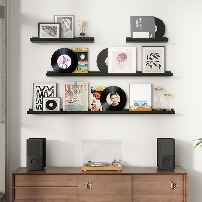 Picture Ledge Wall Shelves 24 inches Width Set of 3, Solid Pine Wood Rustic Floating Ledge Shelves for Kids' Room Bedroom Kitchen Bathroom Living Room Nursery Display Wall Decor, Black-Ruum Studio Home