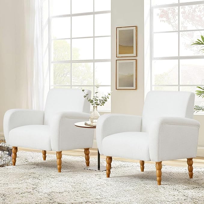 Chenille Fabric Accent Chairs Set of 2, Upholstered Armchair with Solid Wood Legs, Modern Living Room Accent Chair, Comfy Single Sofa Reading Club Chair for Bedroom Reception Lounge, White-Ruum Studio Home