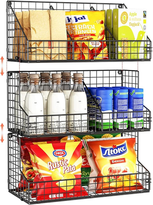 X-cosrack 3 Tier Large Stackable Snack Organizer - Versatile Wall Mounted Wire Storage Basket with Divider for Candy Chip Cans Bars - Ideal for Pantry Office Home-Ruum Studio Home