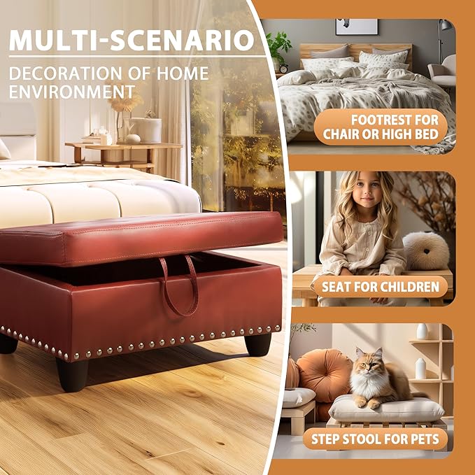 Ottoman Rectangular Storage Ottoman Bench, Faux Leather Footrest, Coffee Table, Stool Footstool with Hinged Lid for Living Room, Bedroom, Entryway, Red, 28.5"x19"x17.5"-Ruum Studio Home