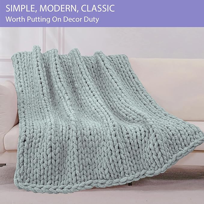 Bigacogo Chunky Knit Throw Blanket for Couch, 51x63 inches, 100% Hand Knitted with Thick Jumbo Chenille Yarn, Cozy Soft Large Rope Knot Cable Crochet Blankets for Sofa Bed Living Room, Misty Green-Ruum Studio Home