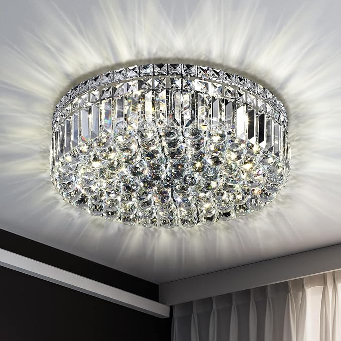 6-Lights Crystal Flush Mount Chandelier Light Fixture with K9 Crystals Modern Ceiling Lights Elegant Pendant Lamp for Bedroom,Hallway,Bar,Living Room,Dining Room,H5.9 xW20 (Bulbs Not Included)-Ruum Studio Home
