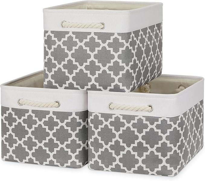 Bidtakay Basket Storage Bins Baskets for Organizing Set of 3 Collapsible Cloth Storage Linen Closet Organizer 15 X 11 X 9.5 Inches Large Foldable Baskets for Shelves (White&Quatrefoil Grey)-Ruum Studio Home