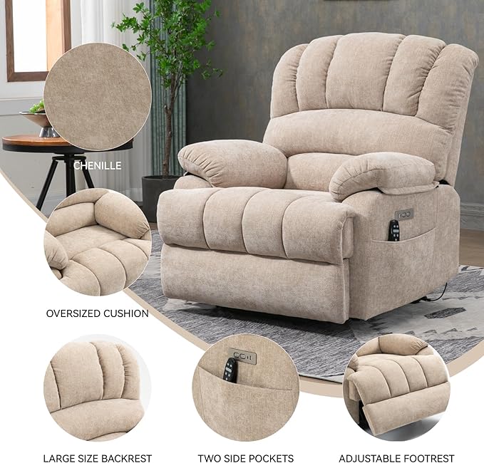 Large Power Lift Recliner Chair with Massage and Heat for Elderly, Ergonomic Backrest, Infinite Adjust, 2 Side Pockets,USB and Type-C Ports, Chenille Beige-Ruum Studio Home