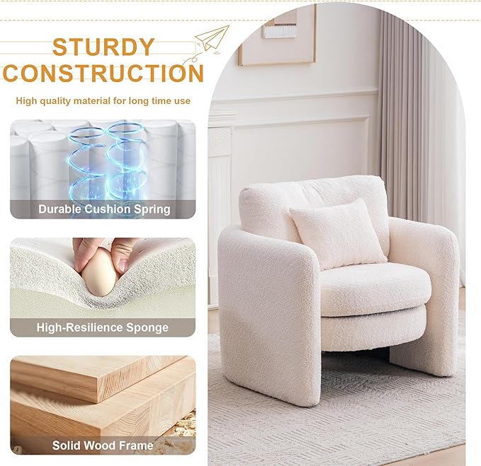 Chenille Accent Armchair Oversize Upholstered Barrel Comfy Modern Round Lounge Sofa Chair with Pillow Cozy Reading Chairs for Apartment,Office,Living Room,Dining,Makeup,Club,Beige-Ruum Studio Home