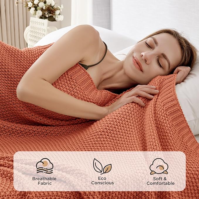 Joydeco Chunky Cable Knit Throw Blanket, Lightweight 100% Cotton Soft Cozy Throw Twin Blanket for Couch Bed and Sofa, Rustic Breathable Farmhouse Blanket Gift for Women Men(Burnt Orange, 60"x80")-Ruum Studio Home