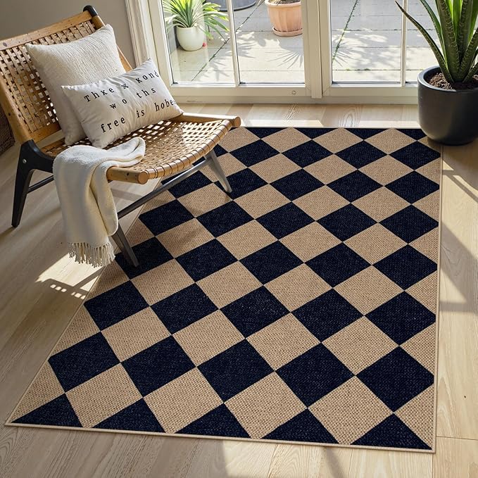 Lahome Checkered Easy Jute Entry Rug, 3x5 Black Outdoor Patio Rug for Living Room Farmhouse Neutral Carpet, Washable Non Slip Indoor Door Mat Diamond Carpet for Front Door Deck Camping-Ruum Studio Home