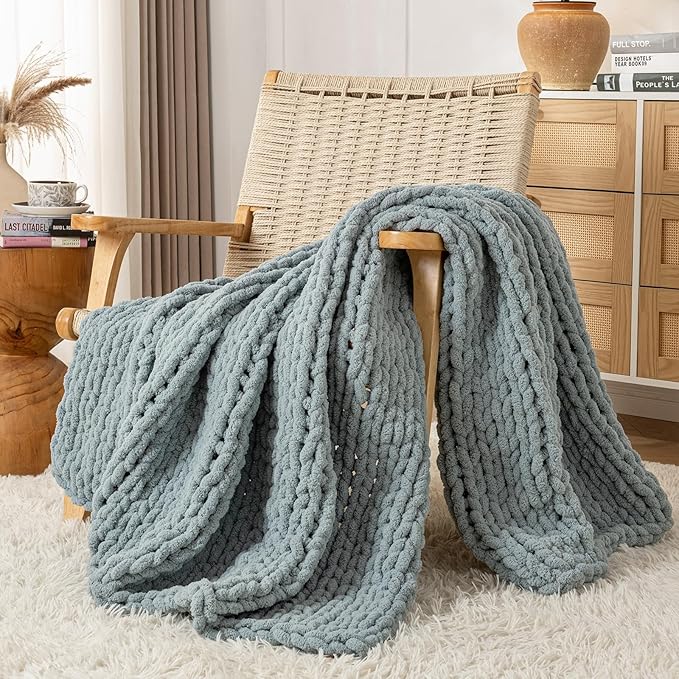 Chunky Knit Blanket Throw, 100% Hand Knit Throw Blanket Handmade Chenille Cable Knit Throw for Couch, Stylish Cozy Soft Rope Knot Crochet Blanket for Home Decor, Chambray Blue, 50x60 Inches-Ruum Studio Home