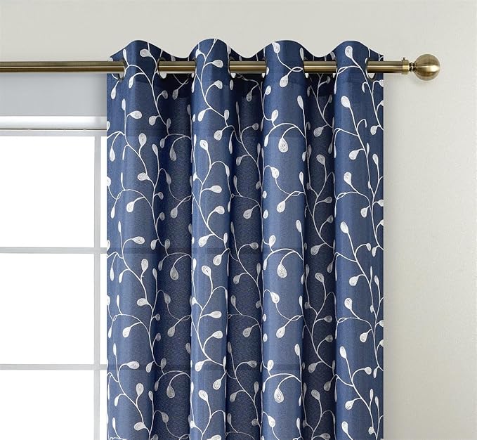 MIUCO Floral Embroidered Semi-Sheer Curtains Faux Linen Grommet Window Panels for Doors 52 x 95 Inch 2 Panels, Navy Blue-Ruum Studio Home