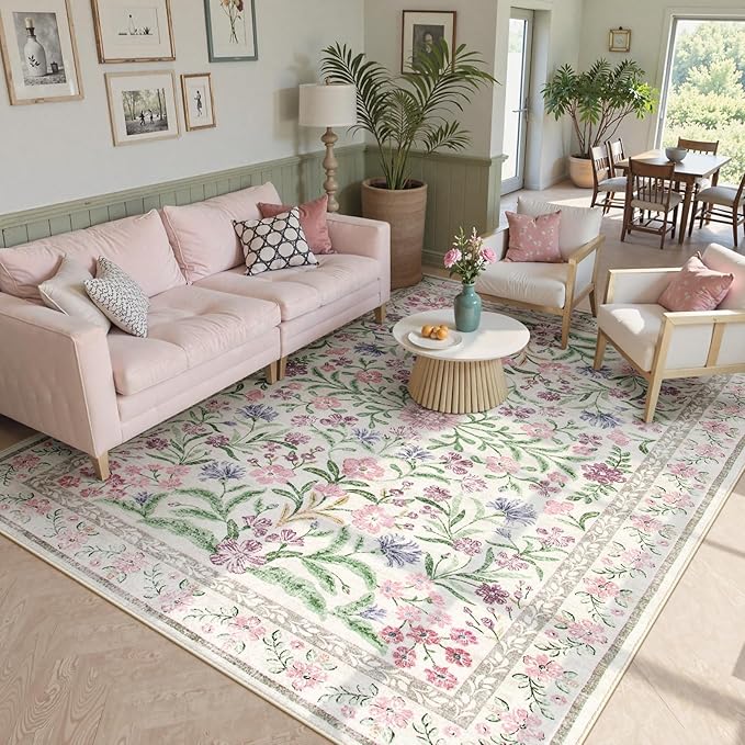Wonnitar Purple Floral 8x10 Area Rugs, Washable Rug for Living Room, Soft Ultra-Thin Non-Shedding Large Indoor Boho Carpet for Bedroom Nursery Playroom Classroom Decor, Light Purple/Pink-Ruum Studio Home