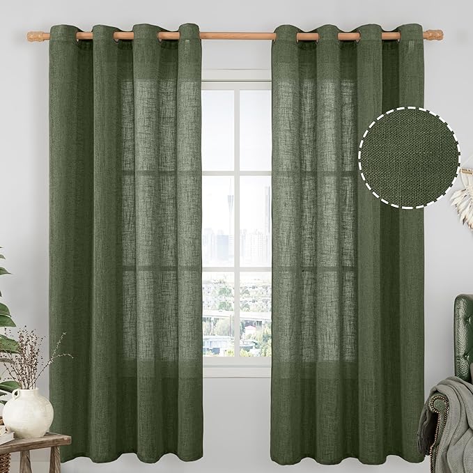 LAMIT Olive Green Linen Curtains 72 inches Long for Living Room, Soft Thick Semi Sheer Light Filtering Bronze Grommet Window Treatments Neutral Drapes for Bedroom, 2 Panels Set, 52 x 72 Inch-Ruum Studio Home