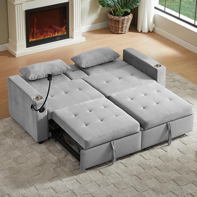 70" Queen Size Sofa Bed for Living Room – Pull-Out Sleeper Sofa Couch with Cup Holder, Phone Holder, USB Charging Port, Solid Wood Frame, Easy Assembly, Space-Saving Design for Small Apartments-Ruum Studio Home