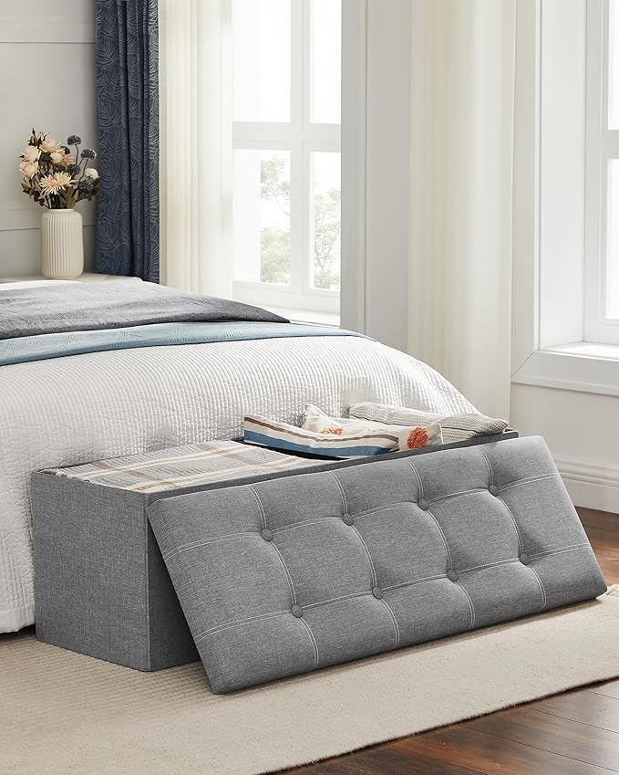 SONGMICS MAZIE Collection - 43 Inches Ottoman Storage Bench, 35 Gal. Folding Chest with Breathable Linen-Look Fabric, Load up to 660 lb, for Entryway, Living Room, Bedroom, Light Gray ULSF077G05-Ruum Studio Home