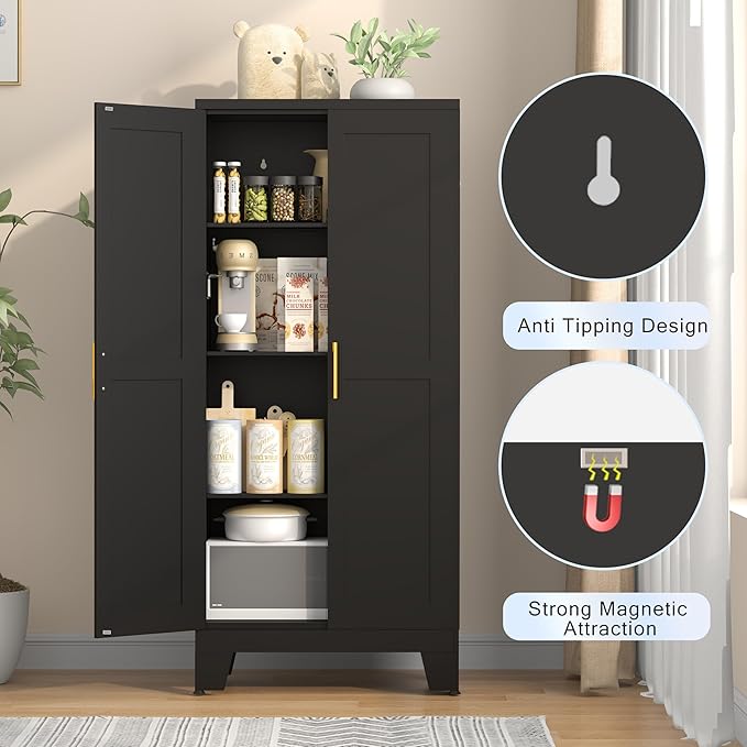 61.02" Kitchen Pantry Cabinet, Pantry Storage Cabinet with 2 Doors and Adjustable Shelves, Black Food Storage for Kitchen, Living Room, Bedroom and Dining Room (Black) Metal Sideboard-Ruum Studio Home