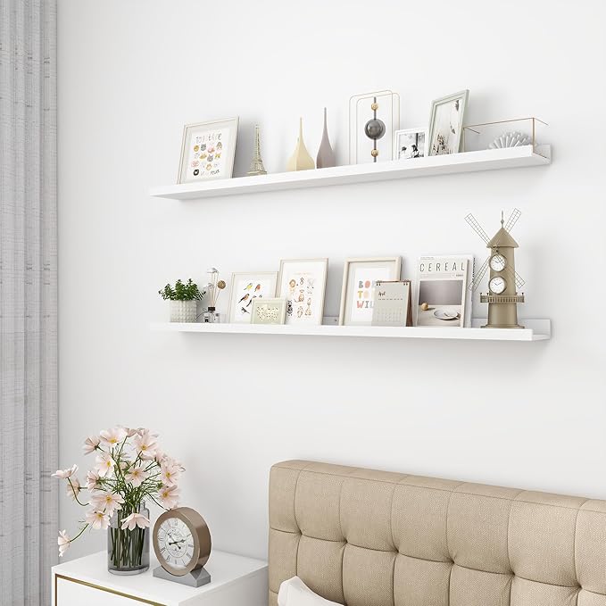 Picture Ledge Shelf, Wood Long Floating Shelves for Wall, Set of 2, 48 inch Picture Ledge Shelves, Photo Ledge Nursery Book Shelves Wall Mounted for Living Room Kids' Room Bedroom, Color White-Ruum Studio Home
