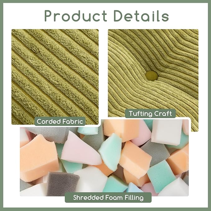 HIGOGOGO Square Stuffed Pouf Ottoman, Corduroy Poufs with Foam Chunk Filling, Furry and Fluffy Pouf Foot Stool Storage Ottoman, 25.6 X 25.6 Floor Poufs Foot Rest for Living Room, Green-Ruum Studio Home
