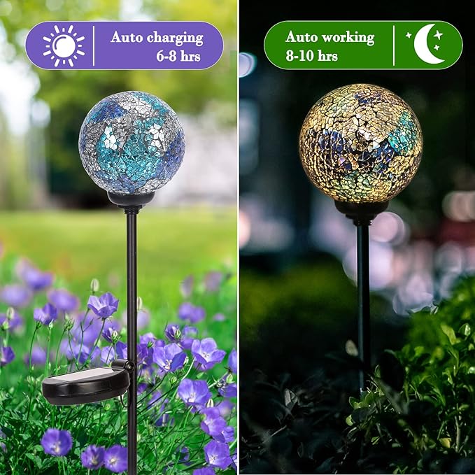 Solar Garden Lights Outdoor Decorative - Solar Gazing Ball Mosaic Garden Stakes Decorative Waterproof Outdoor Lights for Pathway Yard Lawn Decoration Blue-Ruum Studio Home