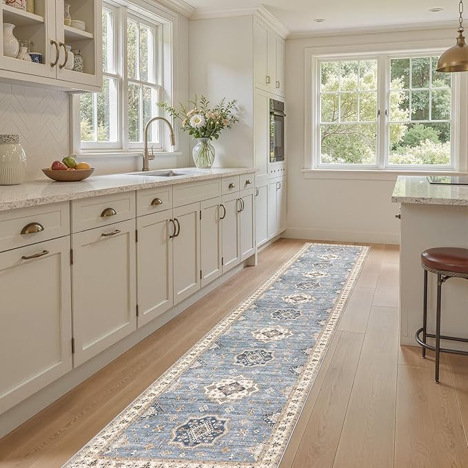 Washable 2.6x12 Runner Rug - Area Rugs Neutral Vintage Distressed Floral Farmhouse Boho Large Soft Floor Rug Indoor Carpet for Hallway Entryway Kitchen Home - Blue-Ruum Studio Home