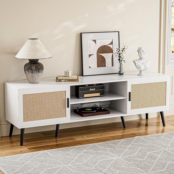 TV Stand for TVs up to 65'', Mid Century Modern Entertainment Center with Rattan Door, Shelves & 2 Cabinets, Boho Media TV Console for Living Room, Bedroom, White-Ruum Studio Home