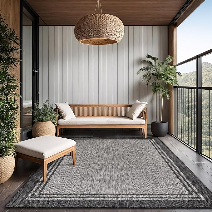 Bordered Outdoor Rug 9x12 Washable Outside Carpet for Indoor Patio Porch Waterproof Easy Cleaning Non Shedding Area Rugs Dark Gray 9 x 12-Ruum Studio Home