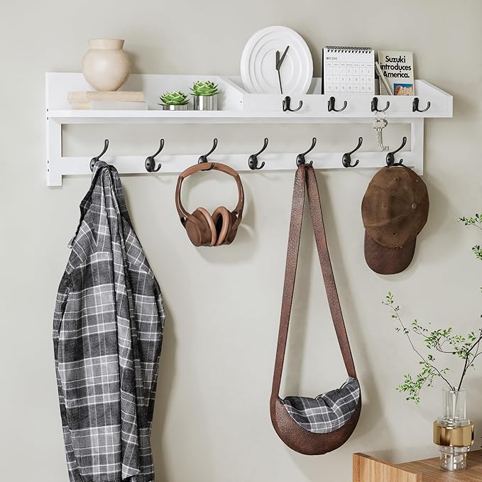 AMBIRD 35 inch Coat Rack Wall Mount, Extra Long Coat Hooks Wall Mount, Entryway Shelf with 7 Dual Coat Hooks 4 Key Hooks Mail Organizer, Wooden Wall Coat Rack with Hooks, Key Holder Rack (White)-Ruum Studio Home