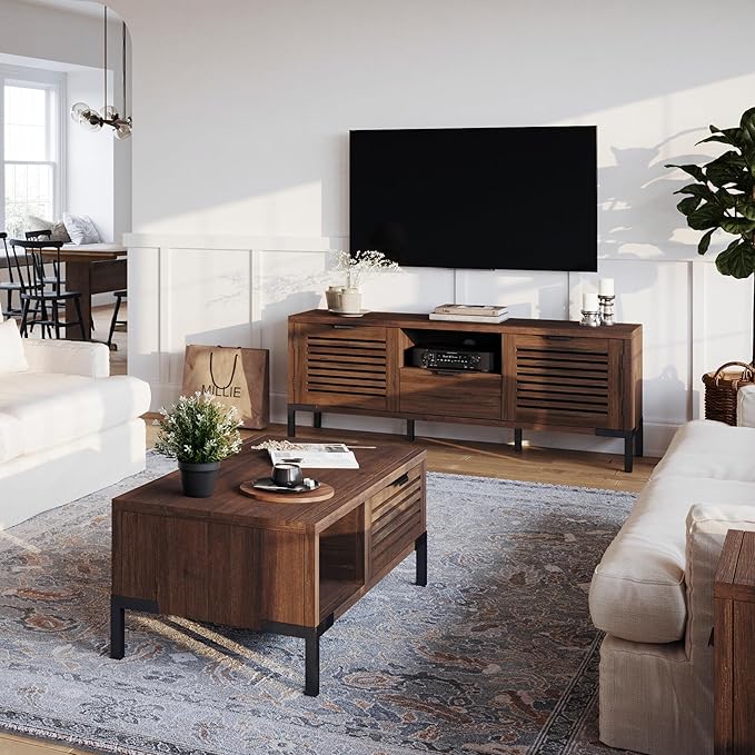Bme Millie Solid Wood TV Stand for TVs up to 65 Inches, Modern Farmhouse TV Stand with Rustic Charm, TV Stands for Living Room, Chestnut-Ruum Studio Home