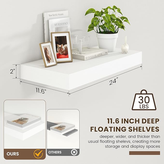 Deep Floating Shelves for Wall | 24 Inch Wide x 12 Inch Deep White Floating Shelves | 24W x 12D Rustic Wood Wide Wall Shelves | Bookshelf Laundry Shelf TV Shelf-Ruum Studio Home
