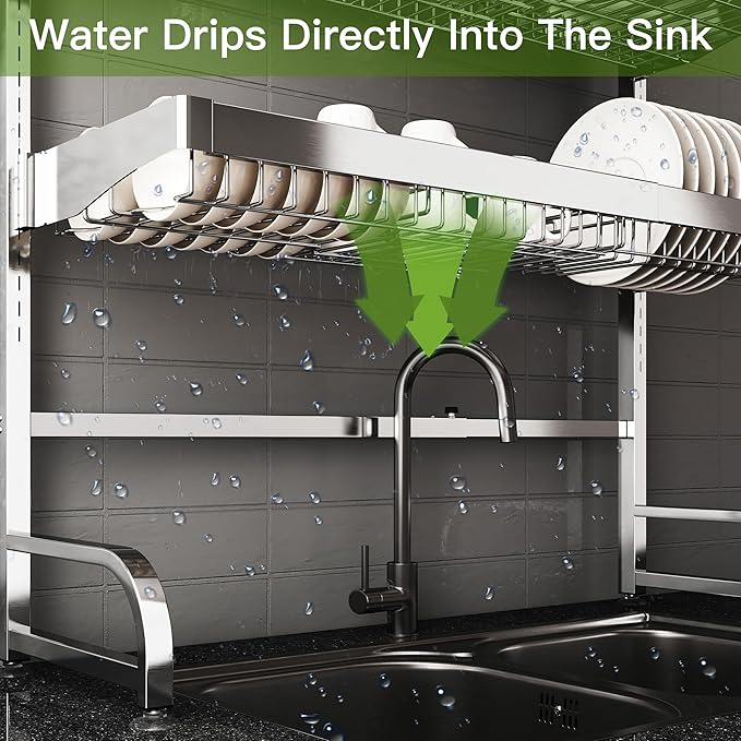 3 Tier Extra Large Stainless Steel Expandable Over The Sink Dish Drainer Drying Rack, Rust Proof Metal, Space Saving, Modern Silver Big Capacity Extendable Plate Strainers Above Kitchen Counter-Ruum Studio Home
