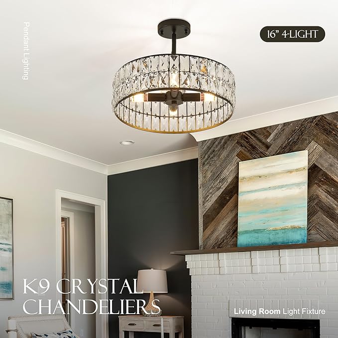 16” 4-Light Modern Crystal Chandeliers Black Dinning Room Light Fixture with Two Rods, Round Pendant Light Kitchen Island Chandelier, Flush Mount Ceiling Light for Living Room Entryway-Ruum Studio Home
