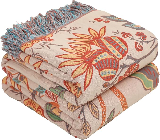Boho Throw Blanket for Bed-Soft Cotton Rustic Quilt 80"×90",Floral Printed Farmhouse Decor Muslin Bed Blankets for Sofa Couch Chair, Seasons-Ruum Studio Home