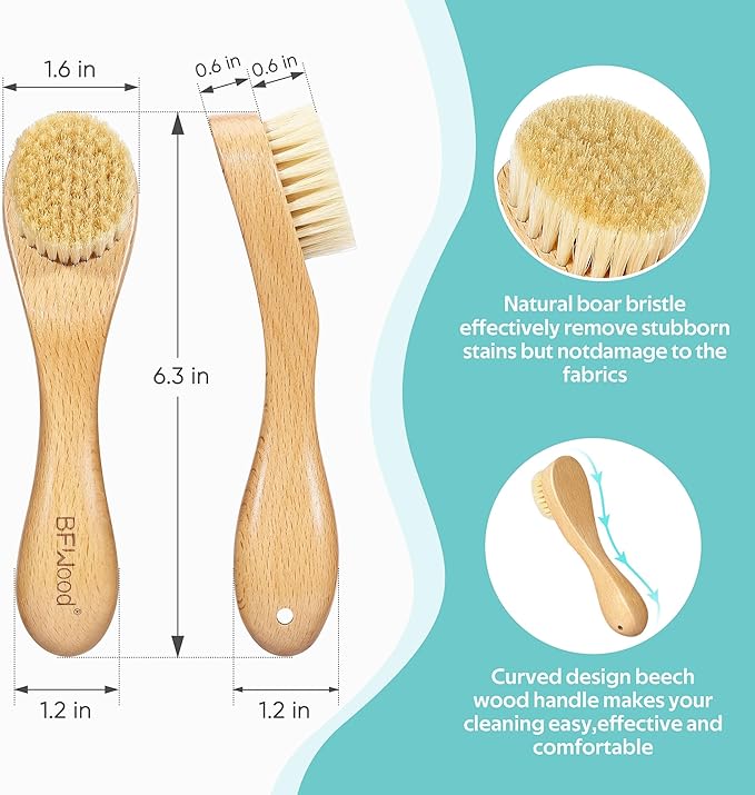 BFWood Laundry Stain Brush, Natural Soft Boar Bristles, Removes Tough Stains from Delicate Fabrics Like Knits, Cotton, and Linens, Gentle on Fabrics, No Damage-Ruum Studio Home
